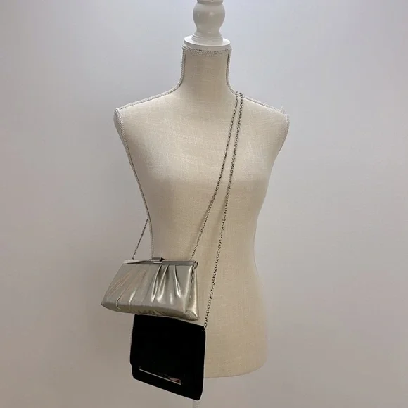 Gunne Sax Evening Purses Bundle Black Velvet and Pleated Silver Lamay Clutch Bag